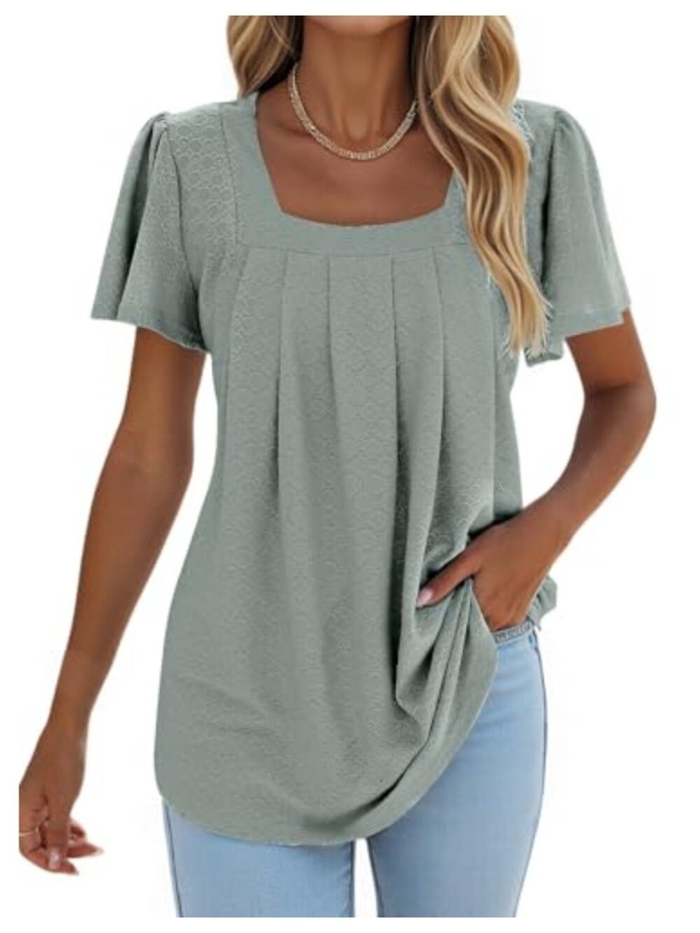 Pleated Square Neck Ruffle Sleeve Tunic Top Curved Hem Loose Fit Summer